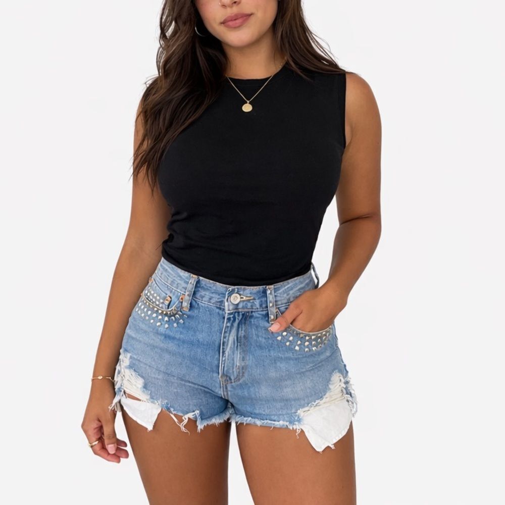 Love Culture Silver Stud Blue Jean Distressed Cutoff Shorts
